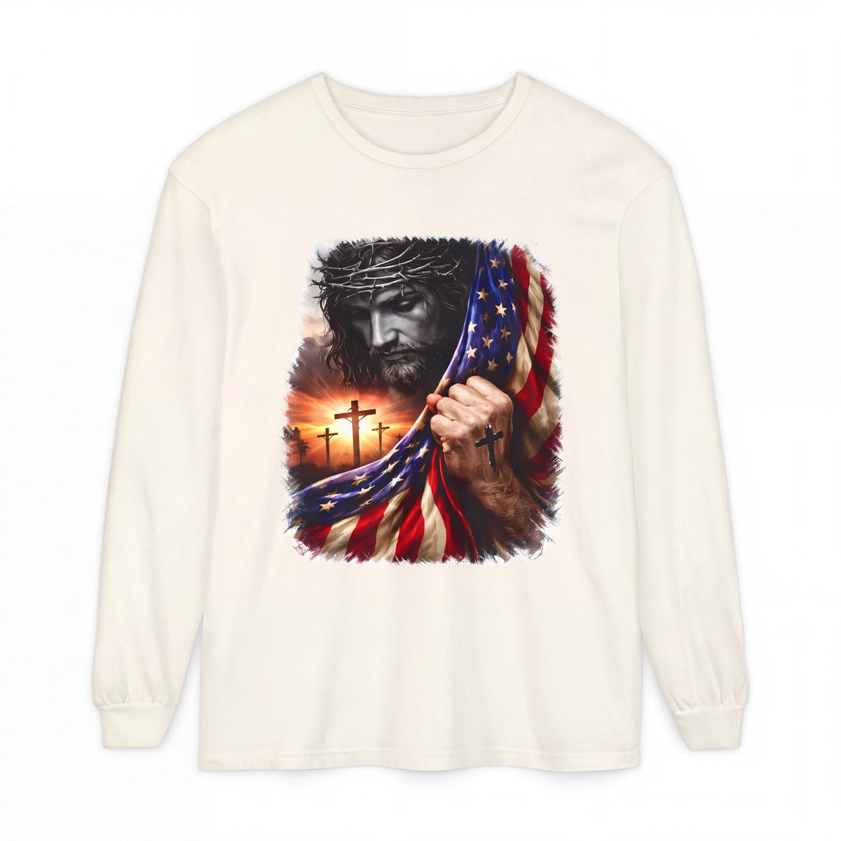 Crown N Thread long sleeve tee in off-white cotton featuring a graphic of Jesus, three crosses, and an American flag.