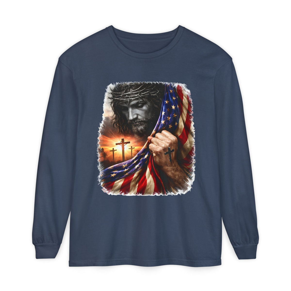 Crown N Thread navy long sleeve cotton tee featuring a graphic of Jesus with an American flag and crosses at sunset.