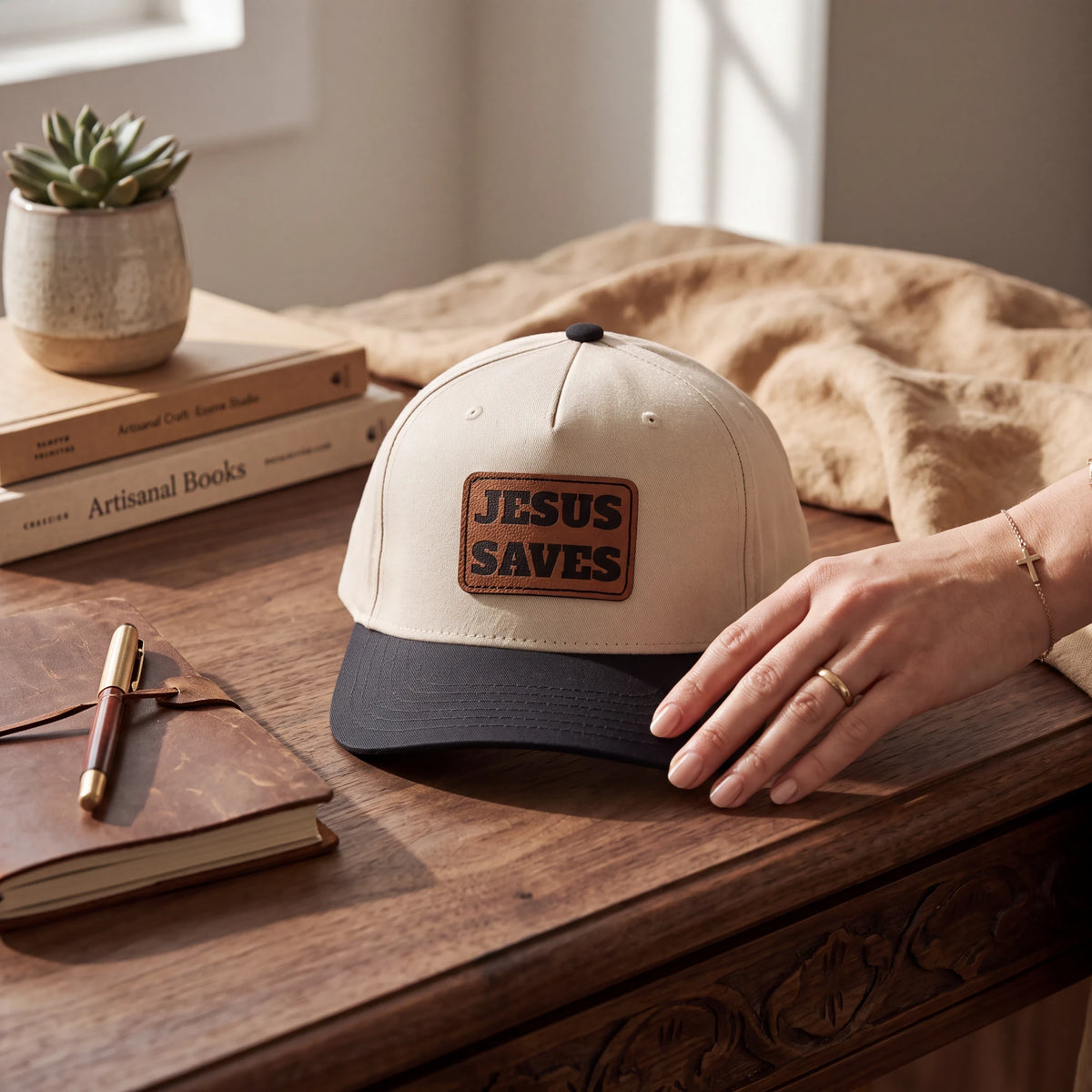 Crown N Thread baseball cap with a light brown vegan leather patch reading Jesus Saves on a beige and black hat
