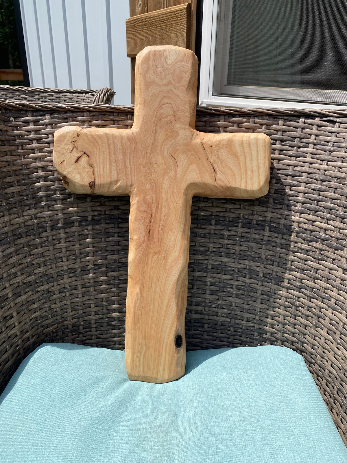 Crown N Thread large handcrafted rustic wooden cross with a natural distressed finish and visible wood grain texture.