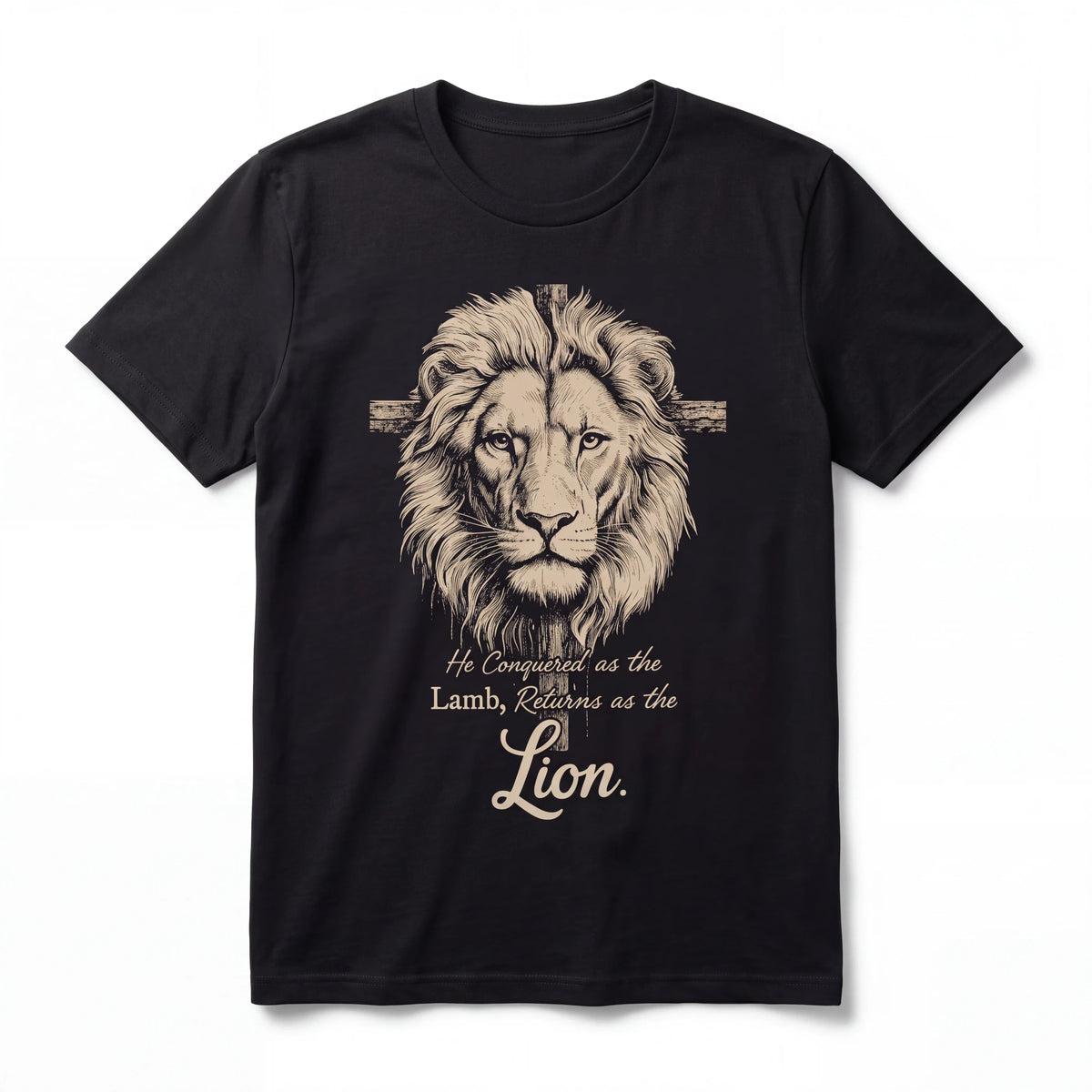 Crown N Thread black heavyweight cotton t-shirt featuring a vintage lion and cross graphic with Christian text.