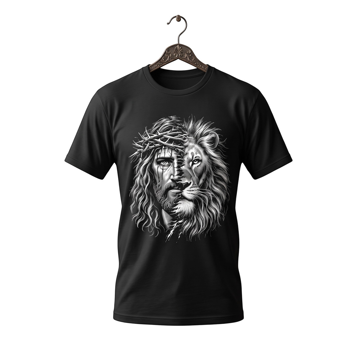 Crown N Thread black cotton t-shirt featuring a monochrome graphic of a Jesus and lion face with a crown of thorns.