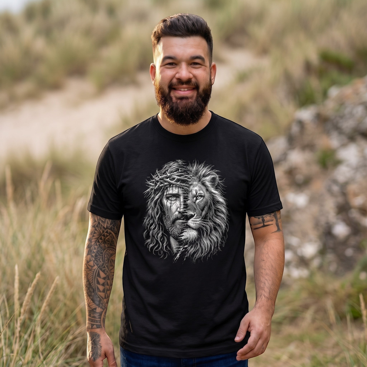 Bearded man wearing a black Crown N Thread cotton t-shirt featuring a monochrome Jesus and lion face graphic.