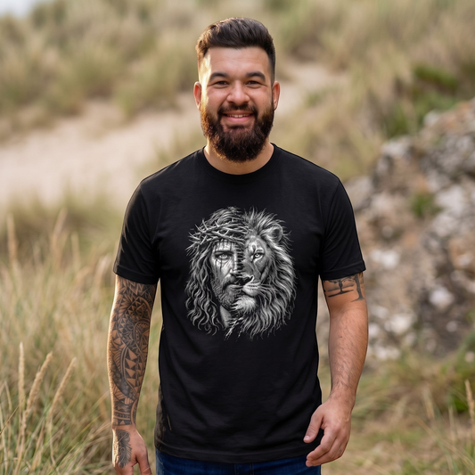 Bearded man wearing a black Crown N Thread cotton t-shirt featuring a monochrome Jesus and lion face graphic.