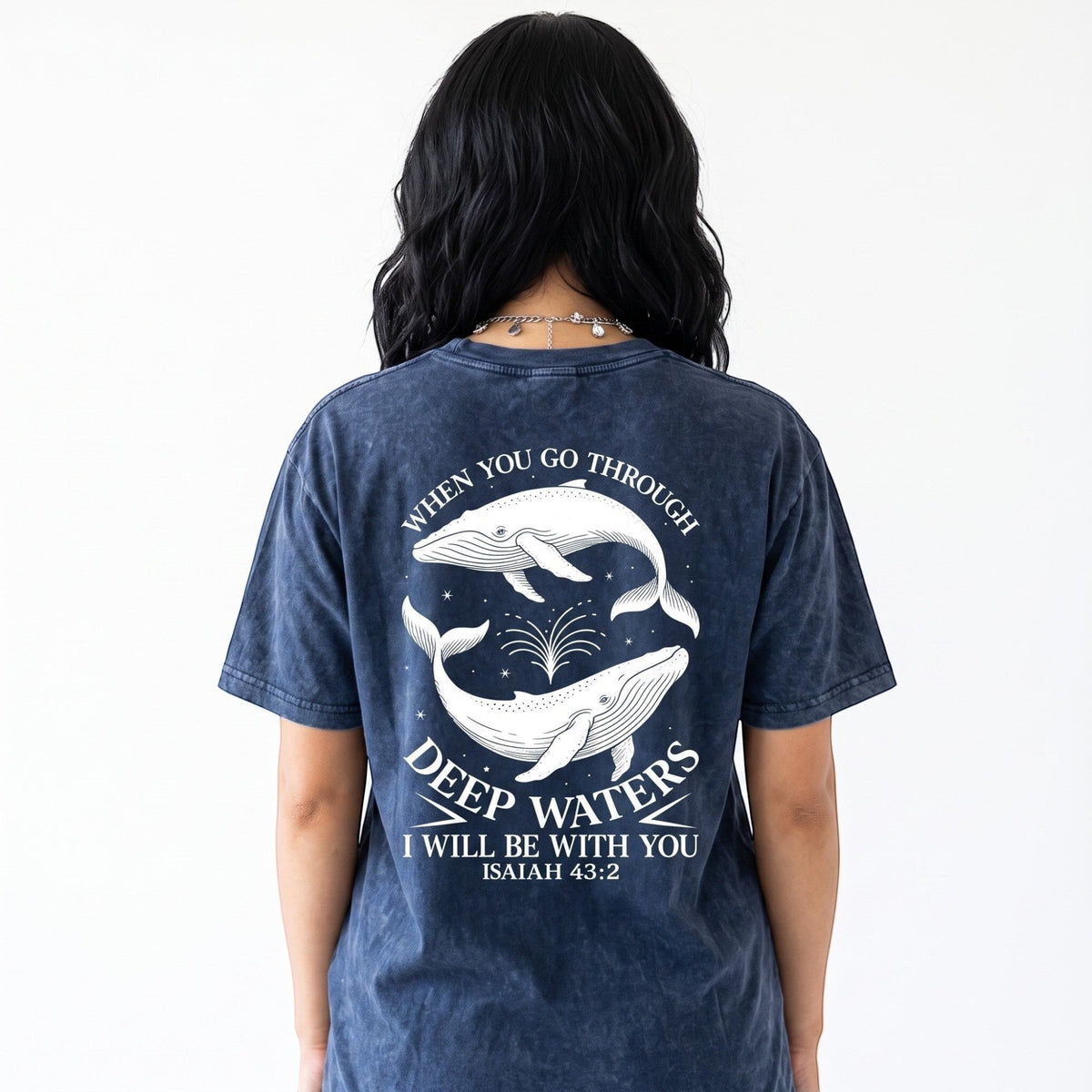 Crown N Thread mineral-washed black cotton crewneck t-shirt featuring a white whale illustration and Isaiah 43:2 text.