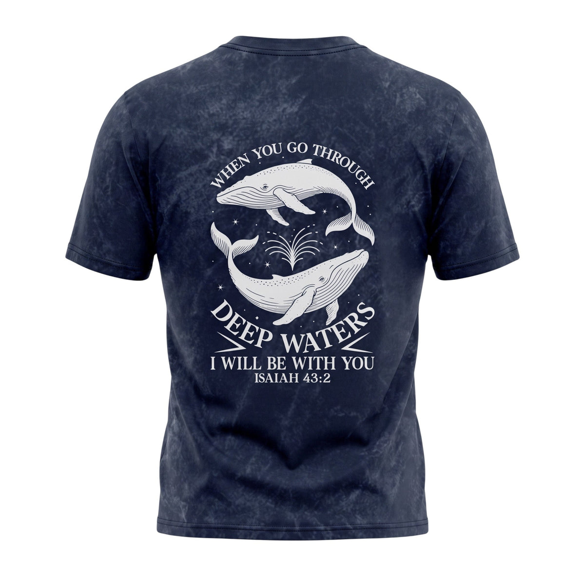 Crown N Thread mineral-washed black cotton crewneck t-shirt with white whale graphic and Isaiah 43:2 scripture print.