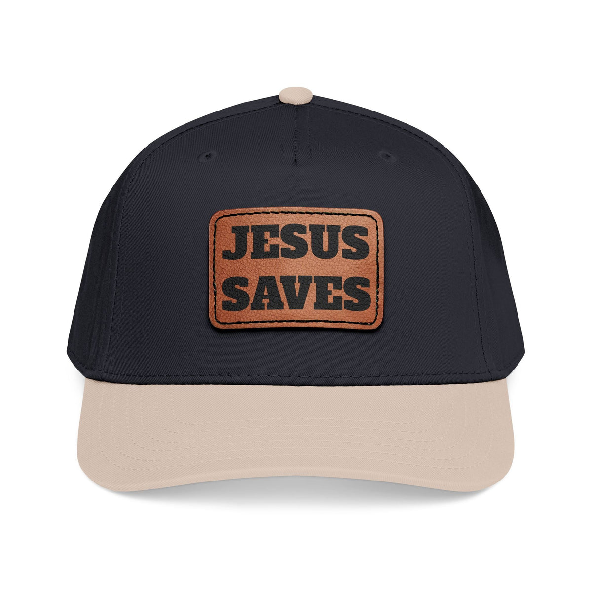 Crown N Thread baseball cap in navy with a light brown vegan leather patch featuring the text Jesus Saves