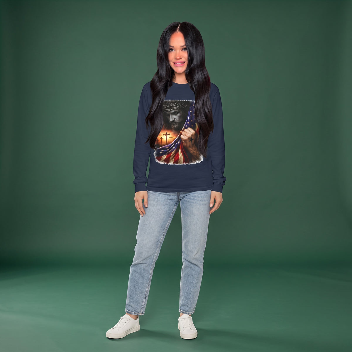 Crown N Thread navy long-sleeve cotton tee with Jesus and American flag graphic, worn by a woman with light-wash jeans.