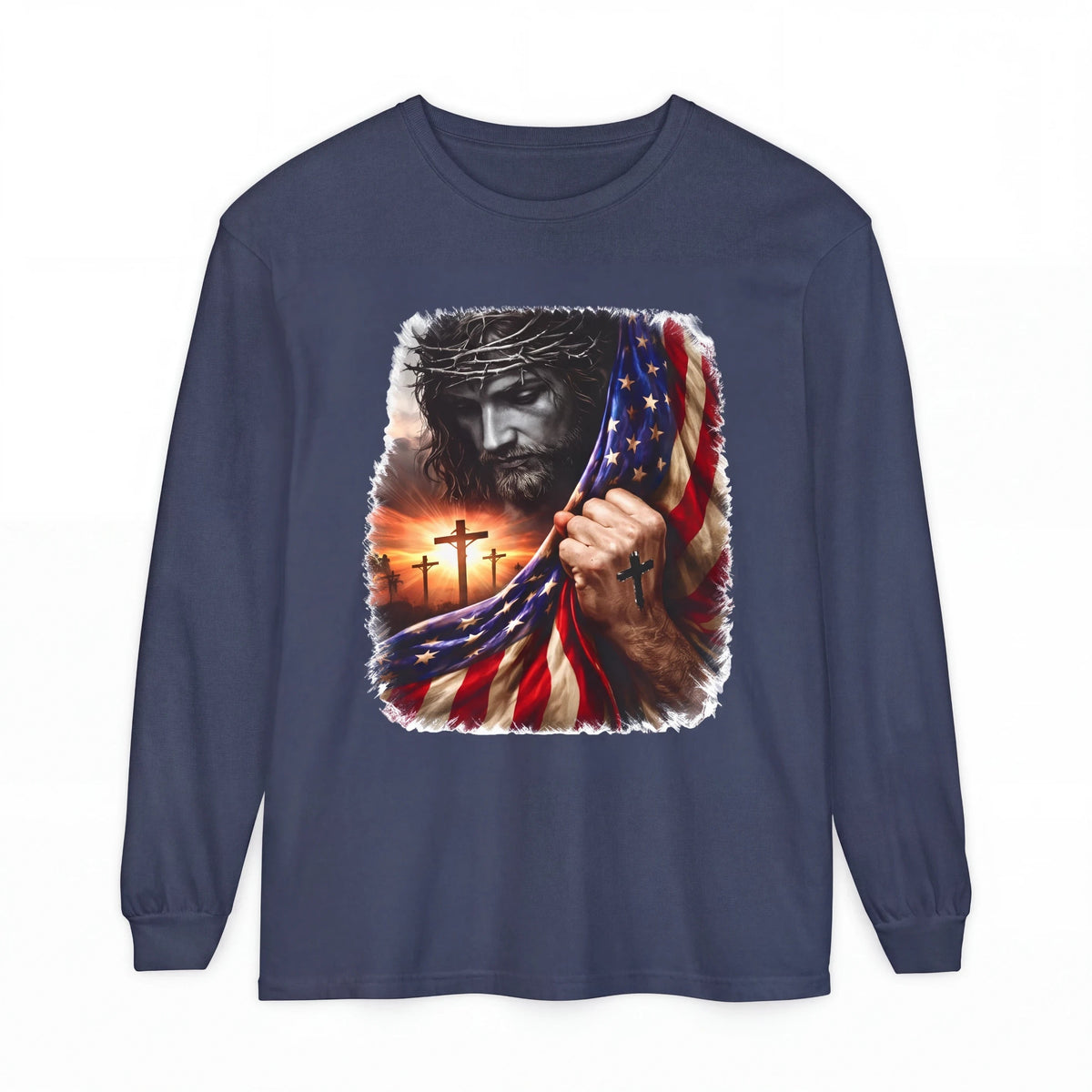 Crown N Thread navy long sleeve cotton tee featuring a graphic of Jesus, three crosses, and an American flag at sunset.