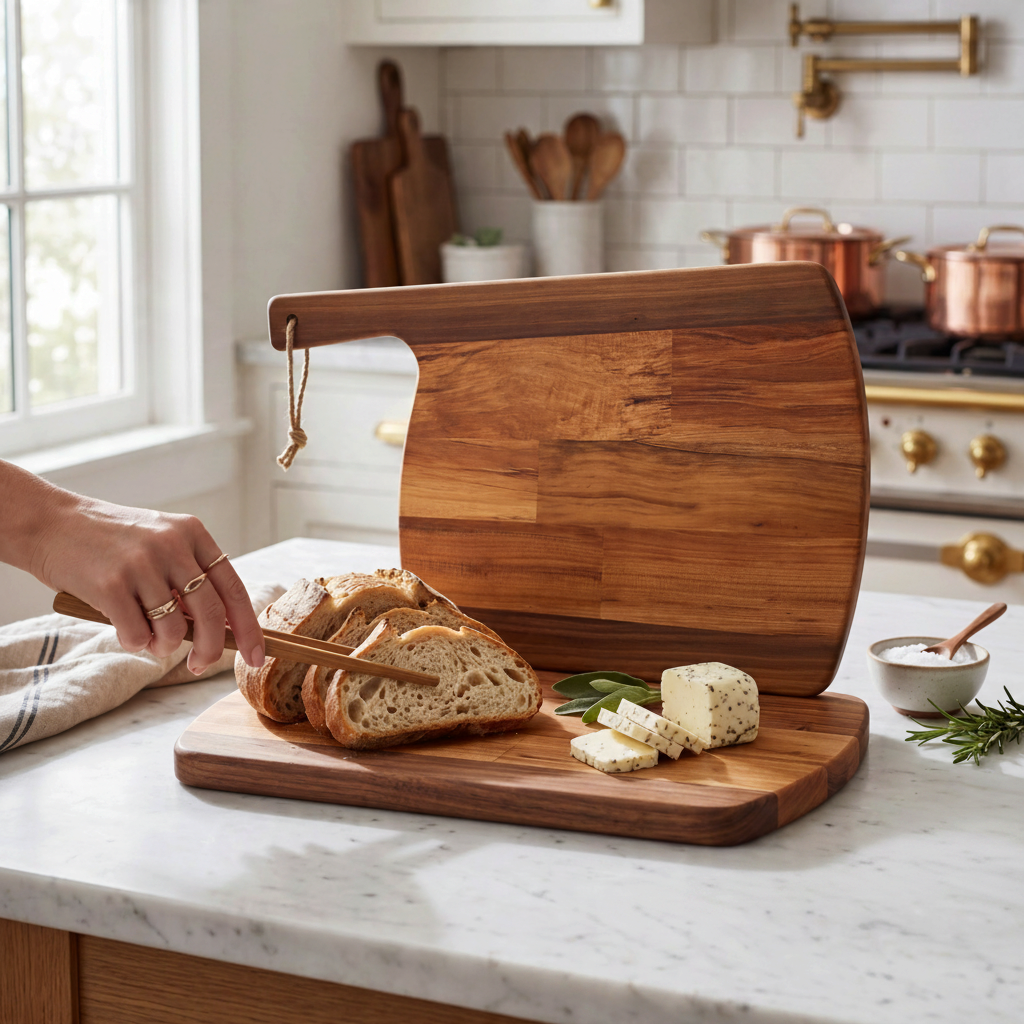Crown N Thread handmade oiled wood charcuterie board with bread and cheese on a marble kitchen countertop