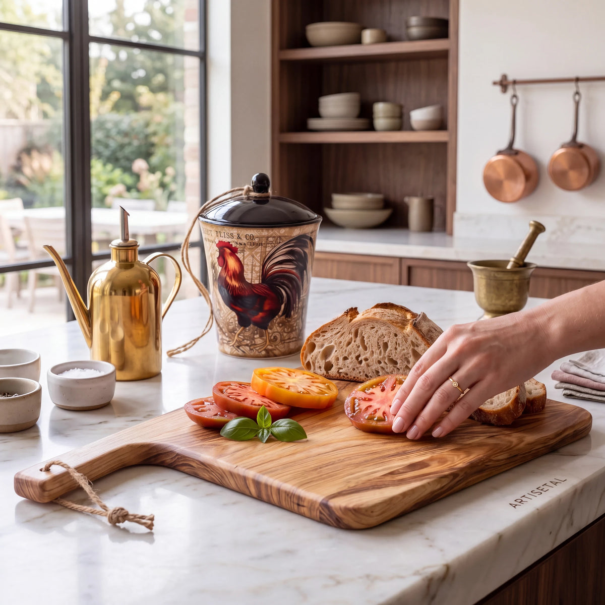 Crown N Thread handmade oiled wood charcuterie board with sliced tomatoes and bread on a marble kitchen countertop