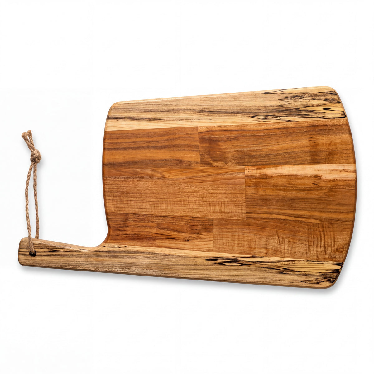 Crown N Thread handmade oiled wooden charcuterie board with a natural grain pattern and a rustic jute hanging rope