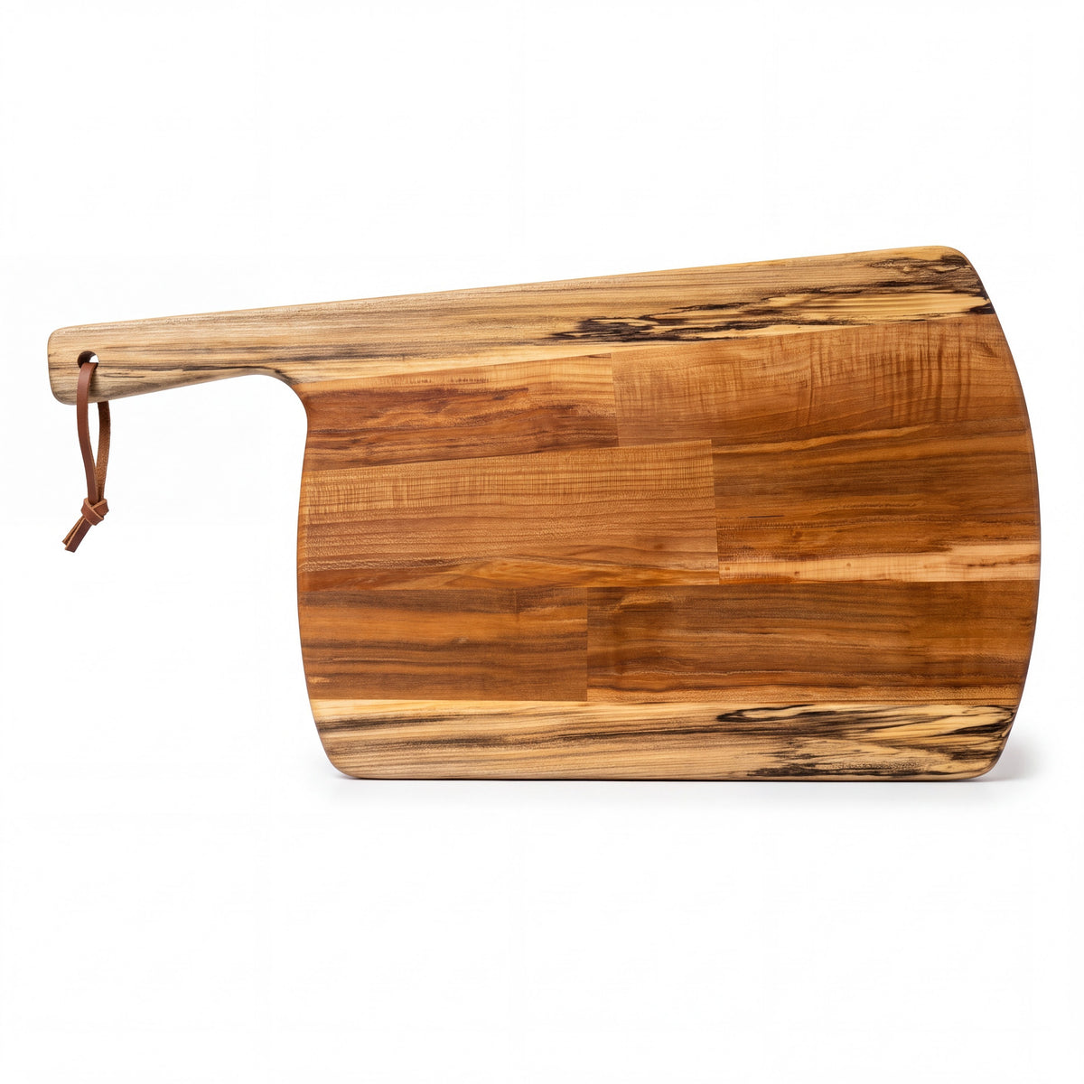 Crown N Thread handmade oiled wood charcuterie board with a leather hanging loop and natural grain patterns.