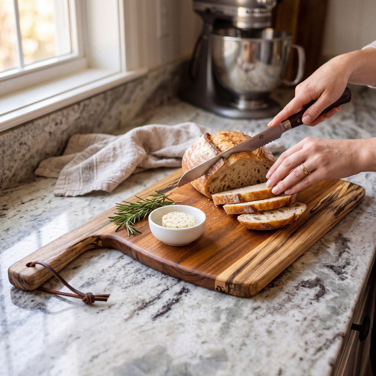 Crown N Thread handmade oiled wood charcuterie board with sliced sourdough bread and butter on a granite countertop.