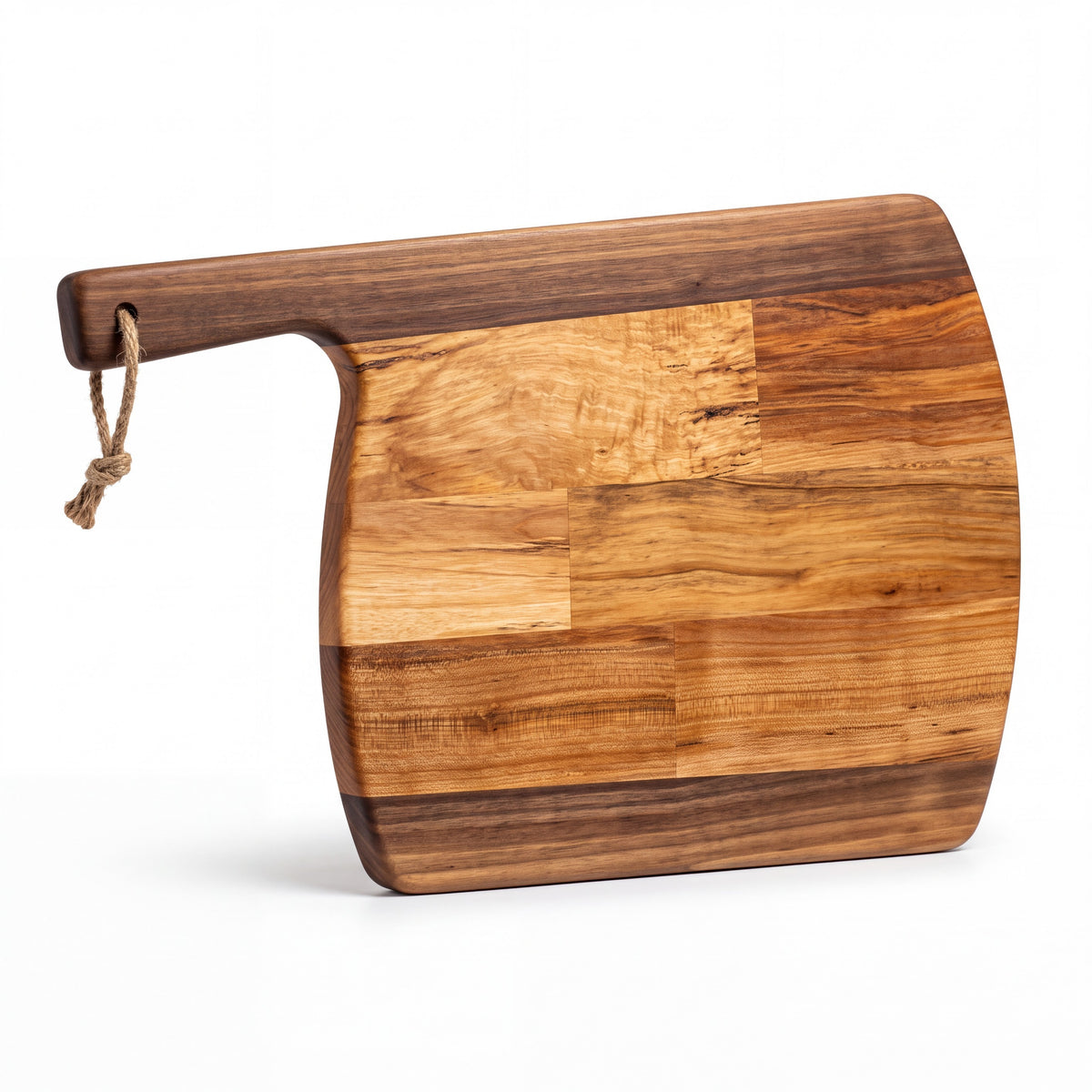 Crown N Thread handmade oiled wood charcuterie board with a natural grain finish and a rustic jute hanging rope.