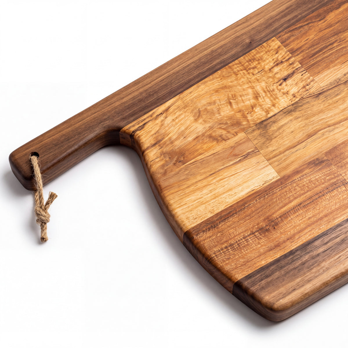 Crown N Thread handmade oiled wood charcuterie board with a natural grain pattern and rustic jute hanging rope