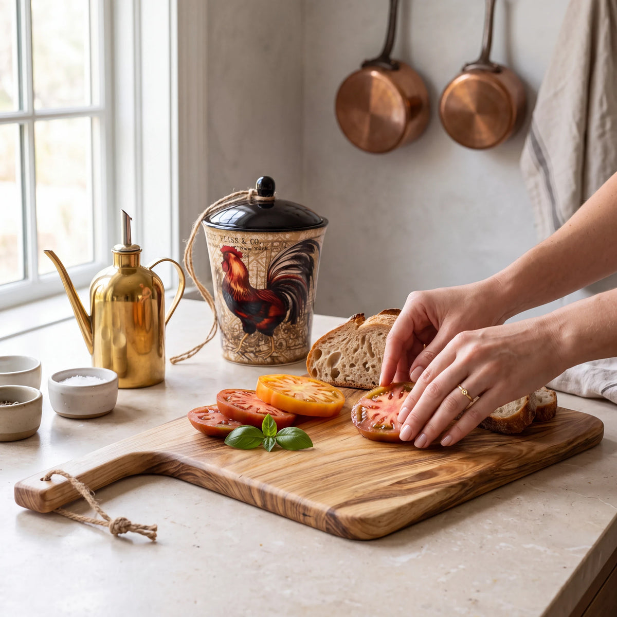 Crown N Thread handmade oiled wood charcuterie board with sliced tomatoes and bread on a kitchen counter