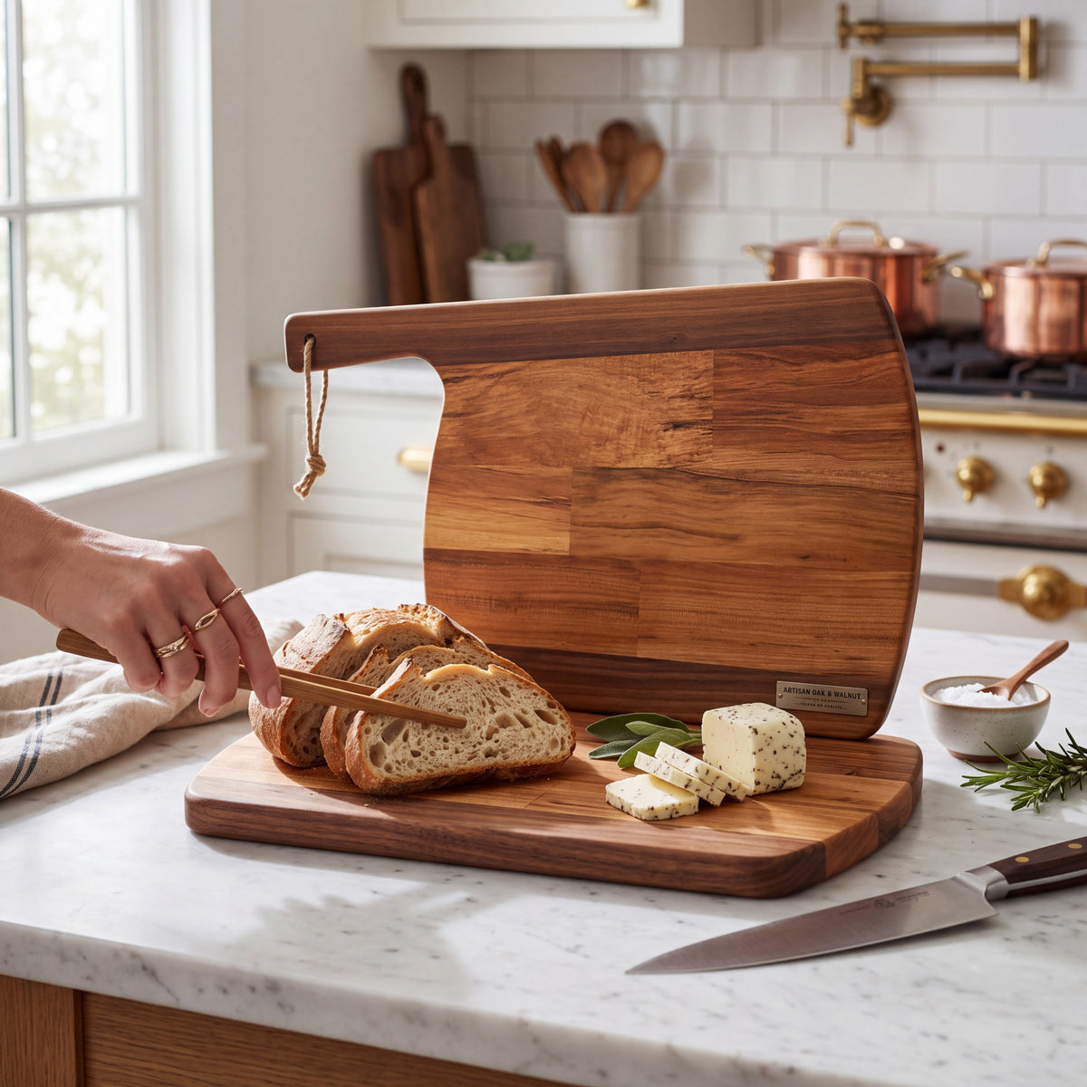 Crown N Thread handmade oiled wood charcuterie board with bread and cheese on a marble kitchen countertop