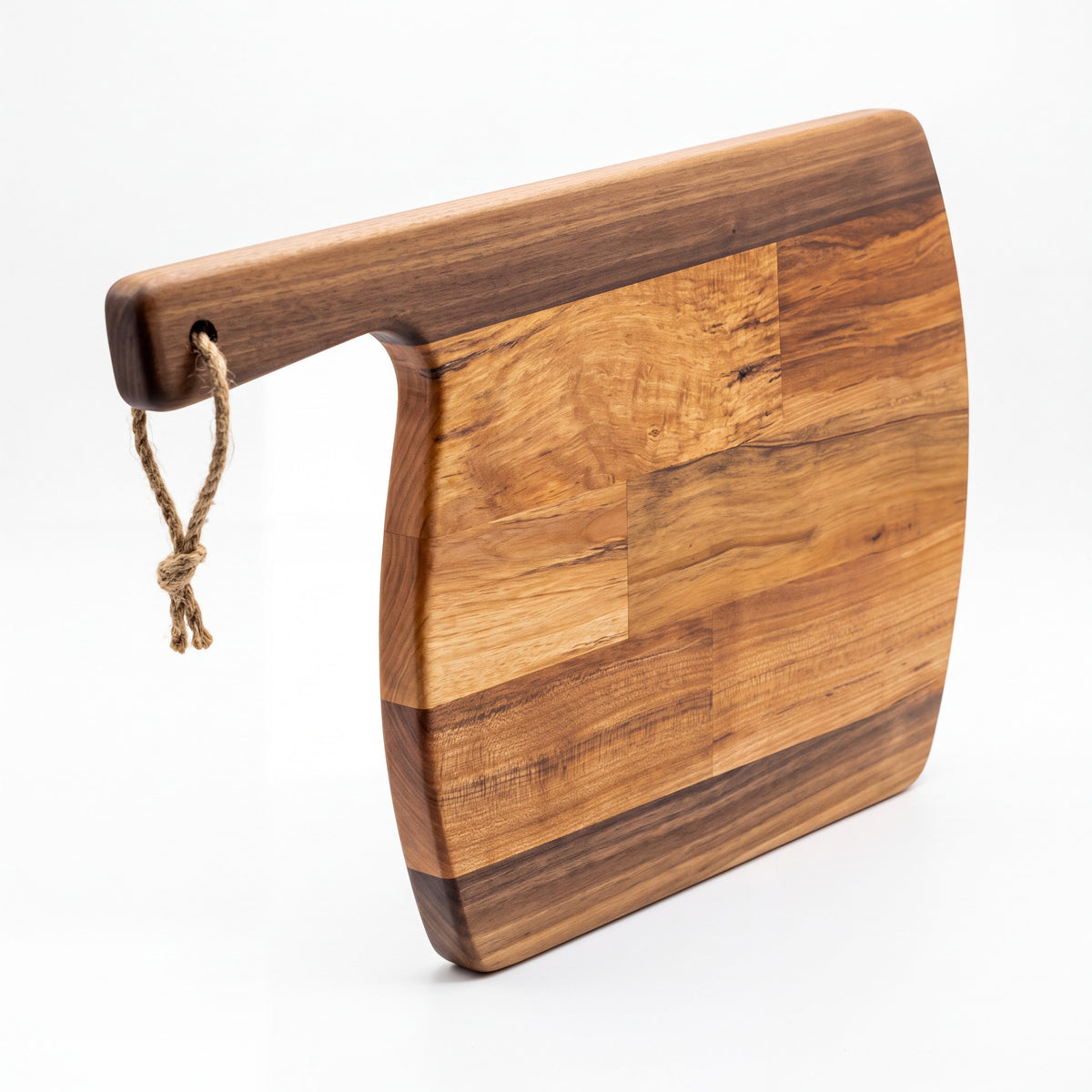 Crown N Thread handmade oiled wood charcuterie board with a natural grain finish and rustic jute hanging rope