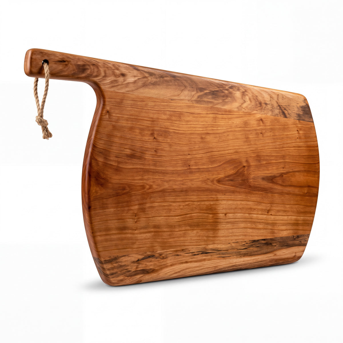 Crown N Thread handmade oiled wooden charcuterie board with a rustic rope handle and natural wood grain finish.