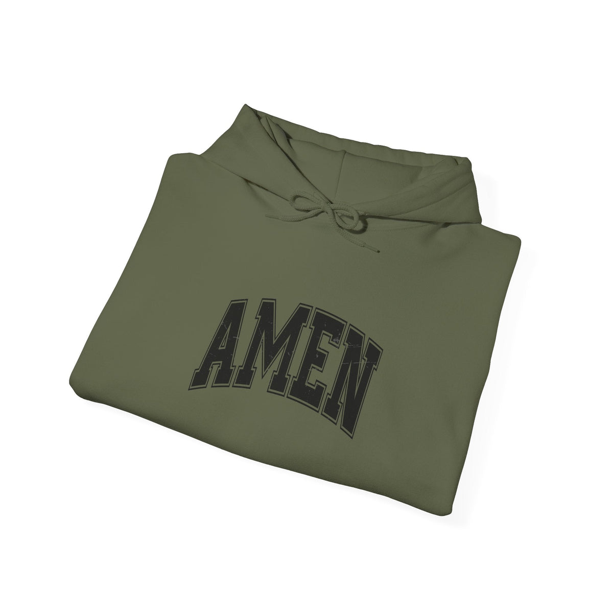 Crown N Thread olive green hoodie with black collegiate AMEN script text, featuring a double-lined hood and drawcord.