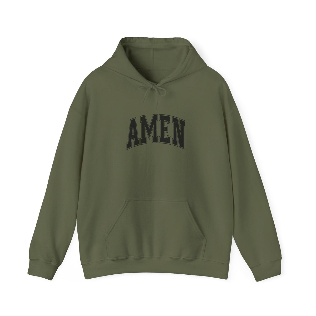 Crown N Thread olive green hoodie with black collegiate AMEN script, featuring a kangaroo pocket and drawstring hood.