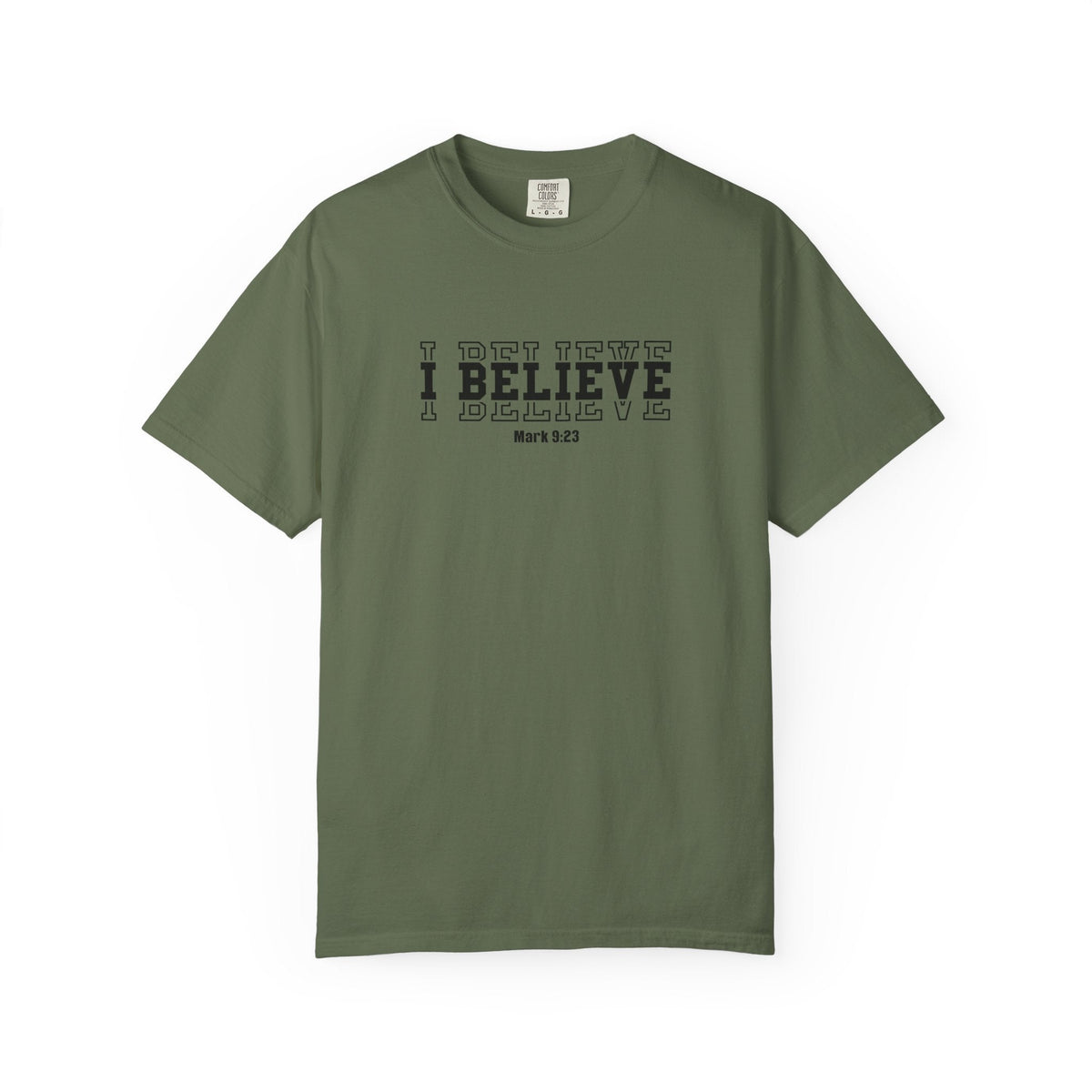 Crown N Thread olive green heavyweight cotton t-shirt with I Believe Mark 9:23 graphic print on the chest