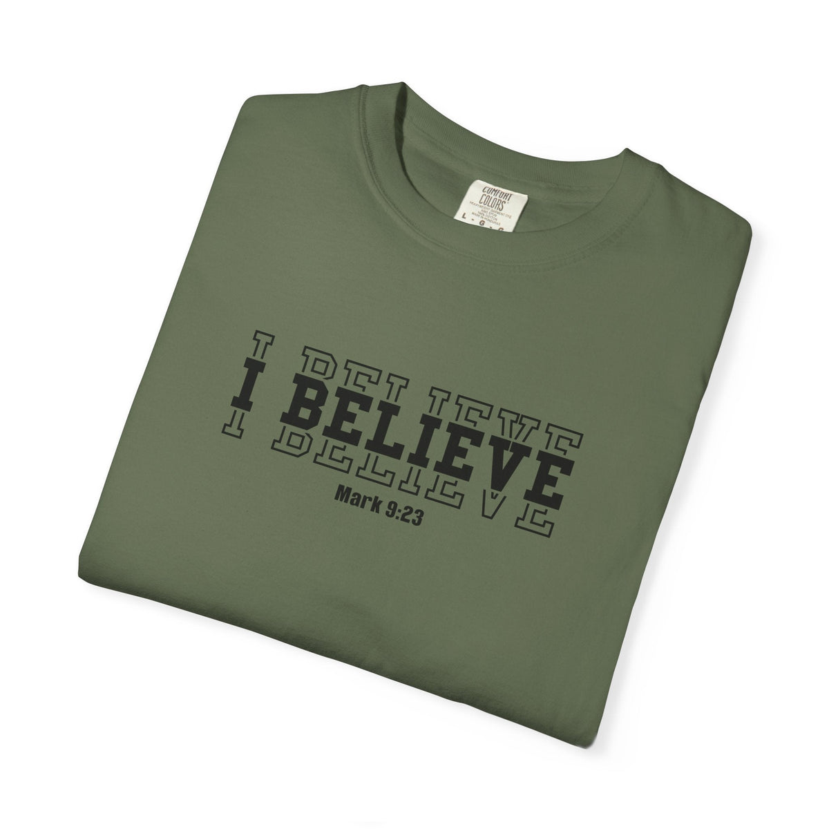 Crown N Thread olive green heavyweight cotton t-shirt with black I Believe Mark 9:23 graphic print