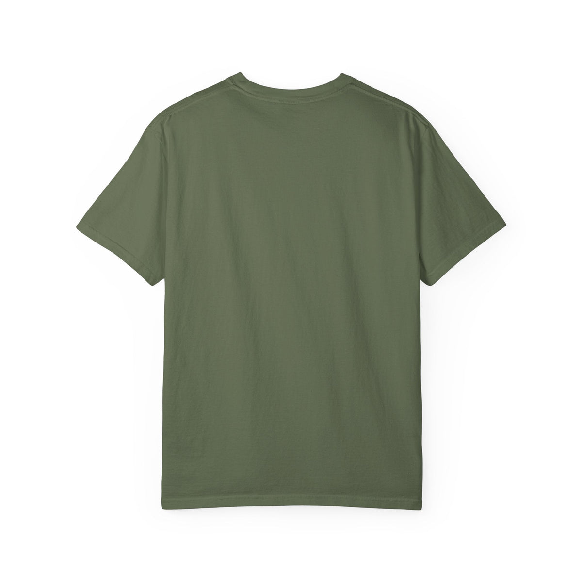 Back view of a Crown N Thread olive green heavyweight ring-spun cotton t-shirt with a vintage garment-dyed finish.