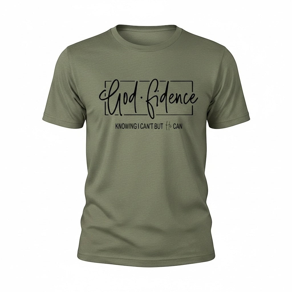 Crown N Thread olive green cotton crew-neck t-shirt with black hand-lettered GodFidence inspirational graphic