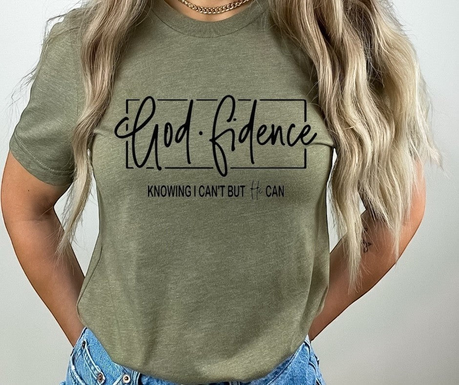 Crown N Thread olive green cotton crew-neck t-shirt with black hand-lettered GodFidence inspirational text on chest