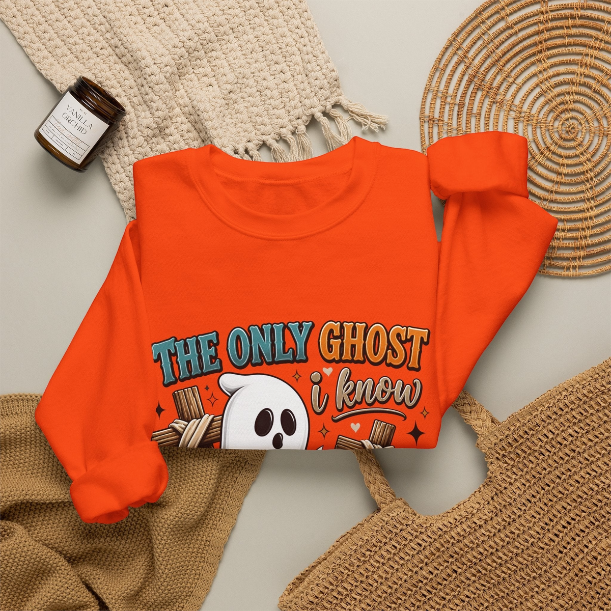 Crown N Thread orange crewneck sweatshirt featuring a cute ghost graphic and faith-based text on a neutral background