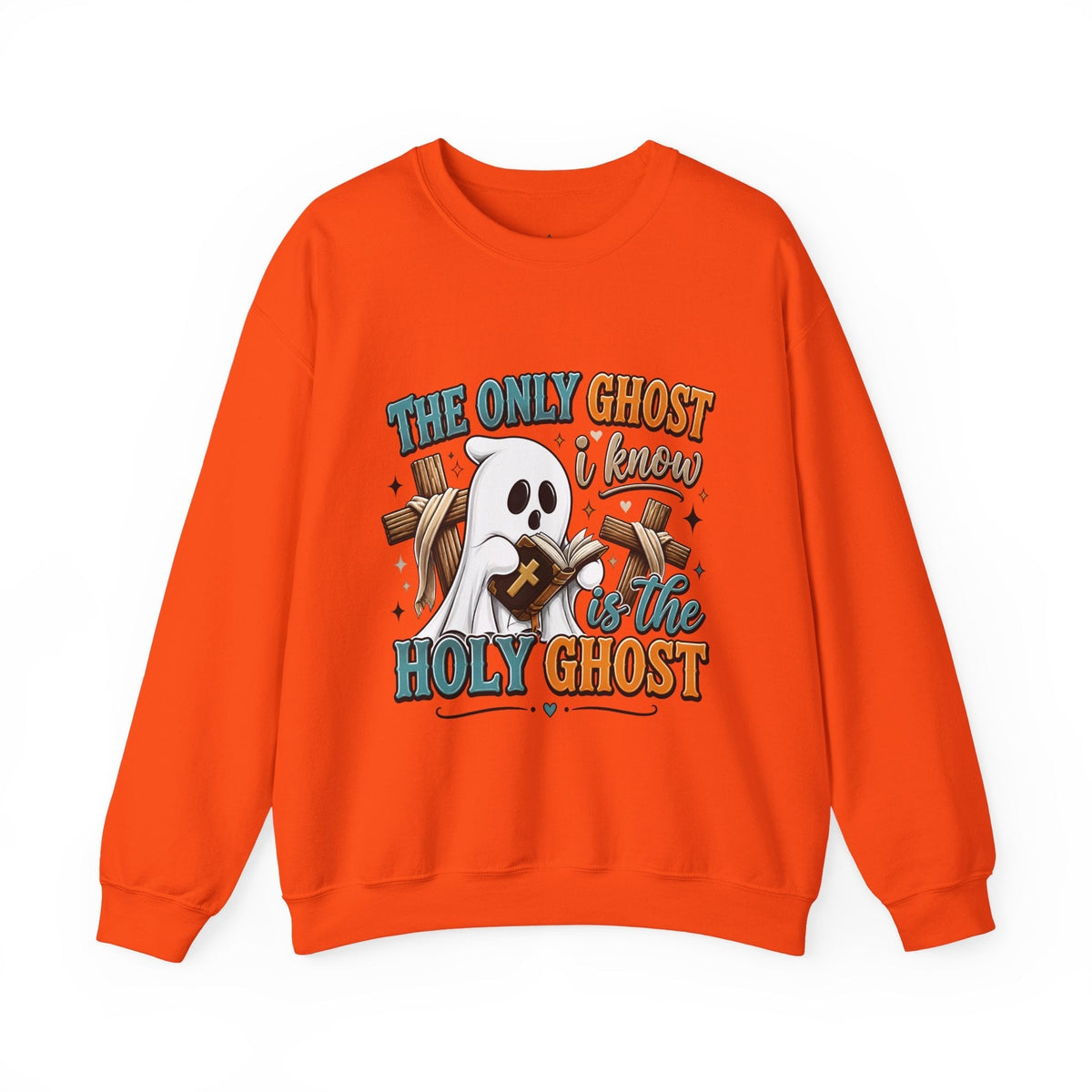 Crown N Thread orange crewneck sweatshirt featuring a cute ghost reading a Bible with crosses and faith-based text.