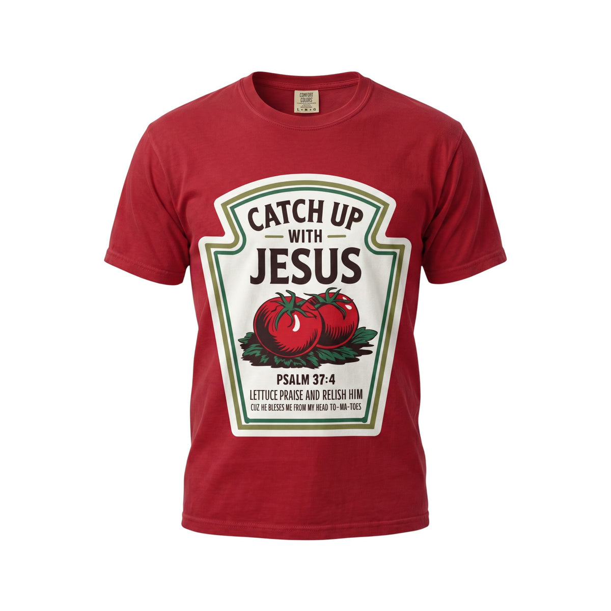 Crown N Thread red heavyweight cotton t-shirt featuring a vintage tomato graphic and Catch Up With Jesus text.