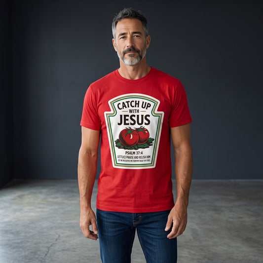 Crown N Thread red heavyweight cotton t-shirt featuring a vintage tomato graphic and Catch Up With Jesus text
