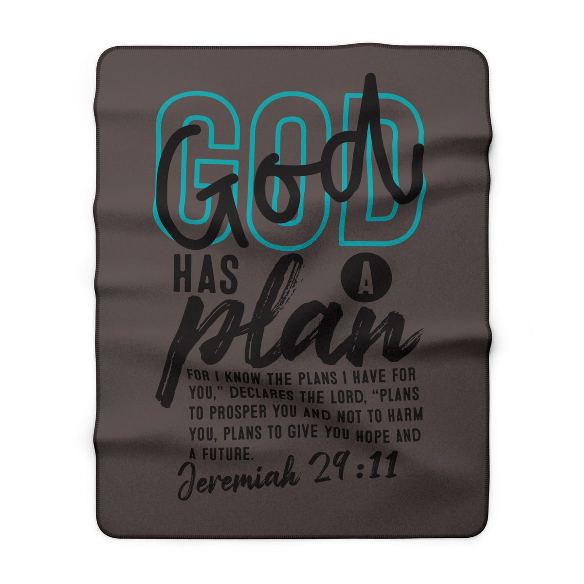 Crown N Thread sherpa fleece throw blanket featuring teal and black God Has a Plan scripture text on a grey background