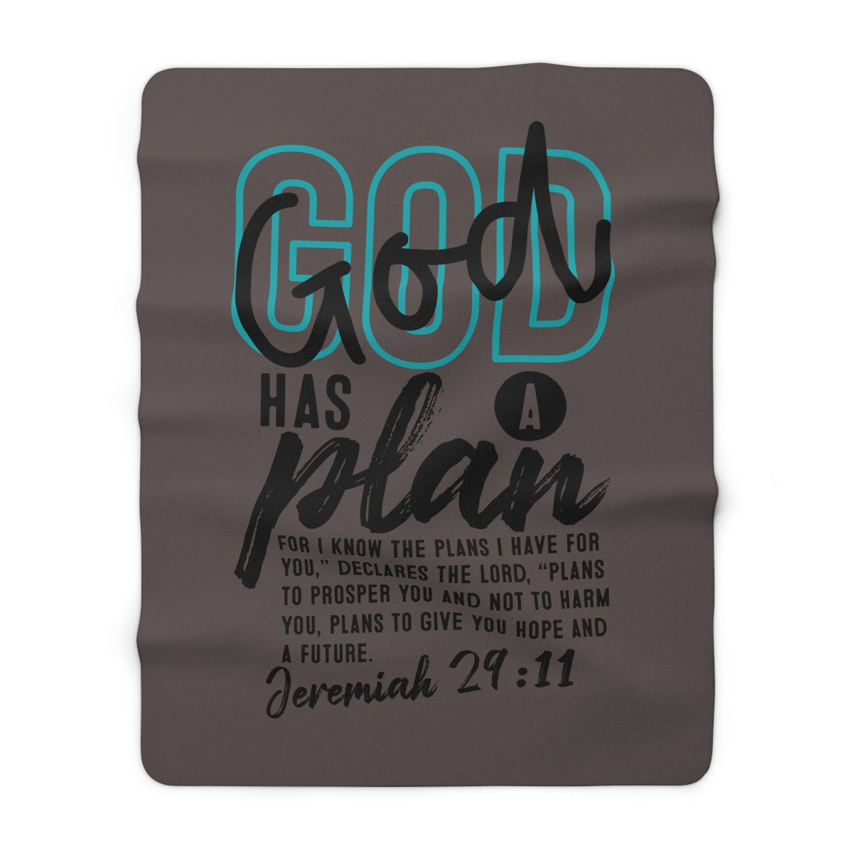 Crown N Thread sherpa fleece throw blanket featuring teal and black God Has a Plan Jeremiah 29:11 scripture text.