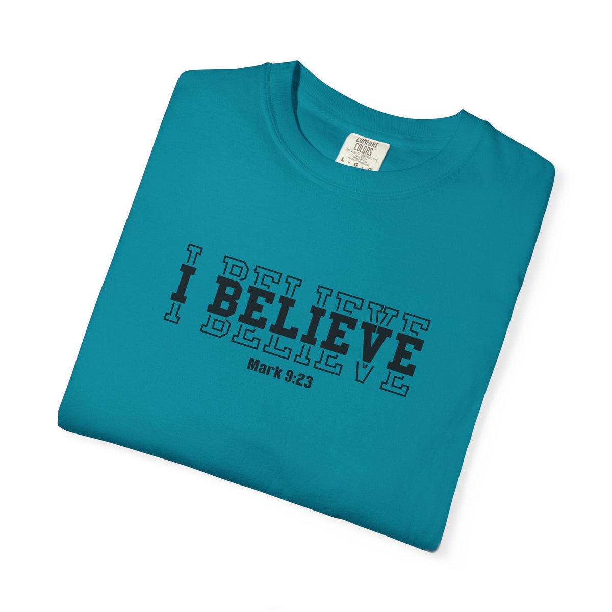 Crown N Thread teal heavyweight ring-spun cotton graphic t-shirt with I Believe Mark 9:23 text in black ink