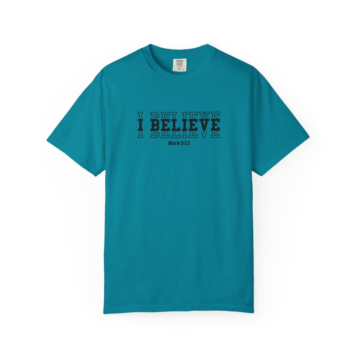 Crown N Thread teal heavyweight ring-spun cotton t-shirt with black I Believe Mark 9:23 graphic on the chest