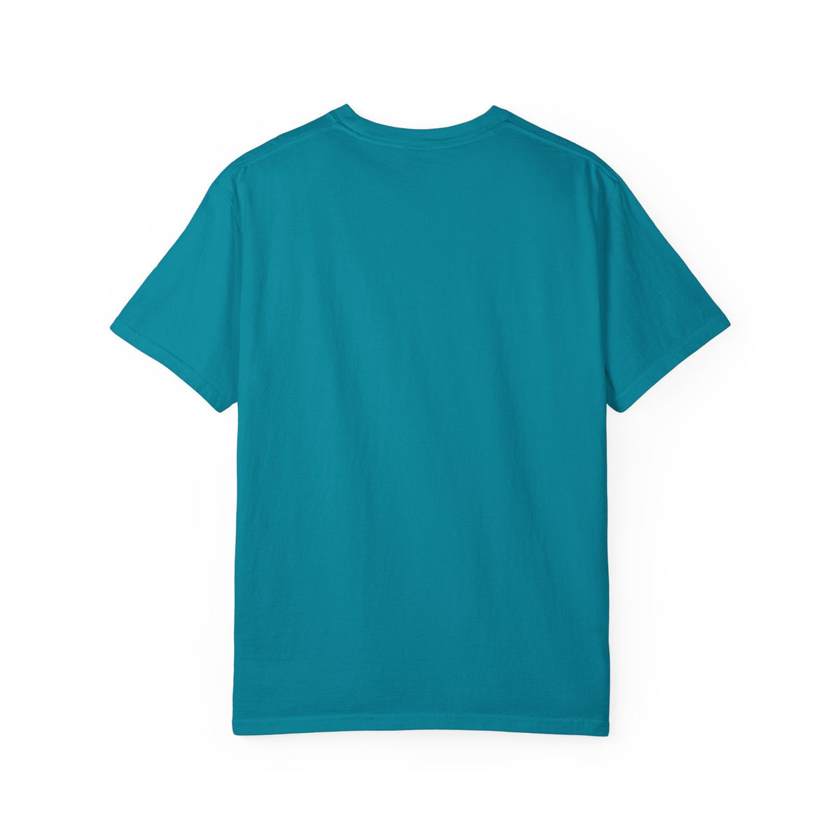 Crown N Thread heavyweight garment-dyed teal blue cotton t-shirt, back view showing clean minimalist design