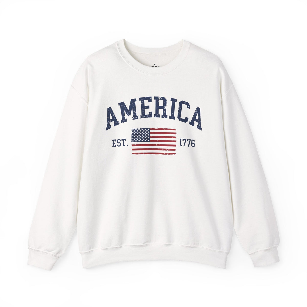 Crown N Thread white crewneck sweatshirt with distressed America 1776 vintage flag graphic print
