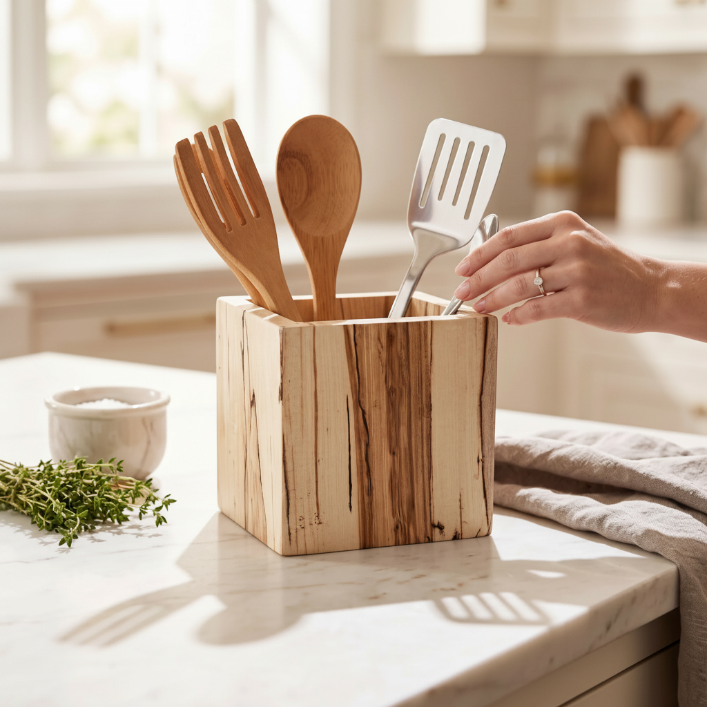 Crown N Thread handmade wooden utensil holder on a marble kitchen counter with a hand reaching for a metal spatula