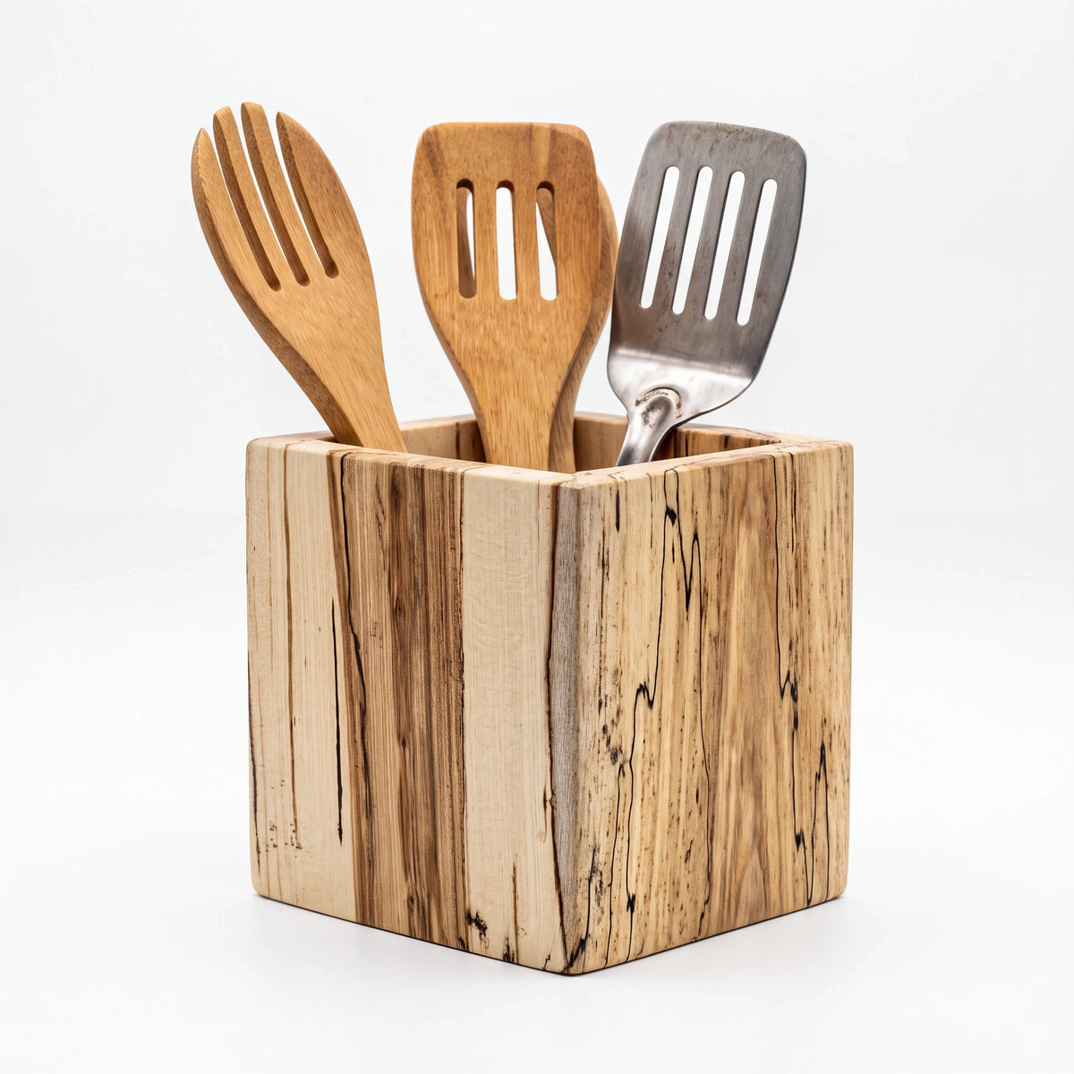 Crown N Thread handcrafted square wooden utensil holder with natural wood grain patterns holding kitchen tools