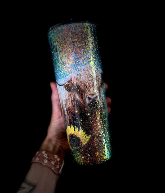 Highland Cow Skinny Tumbler Glitter Cow Tumbler Glitter Drink Cup Cow Lover Cow Lover Cup Sunflowers Sunflower Cup Glitter Tumbler Glitter