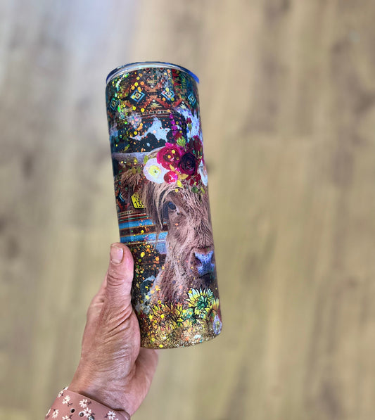 Highland Cow Tumbler Glitter highland cow Aztec Print Furry Cow Western Western Tumbler Cowgirl tumbler Gift Cow Tumbler Glitter Drink Cup