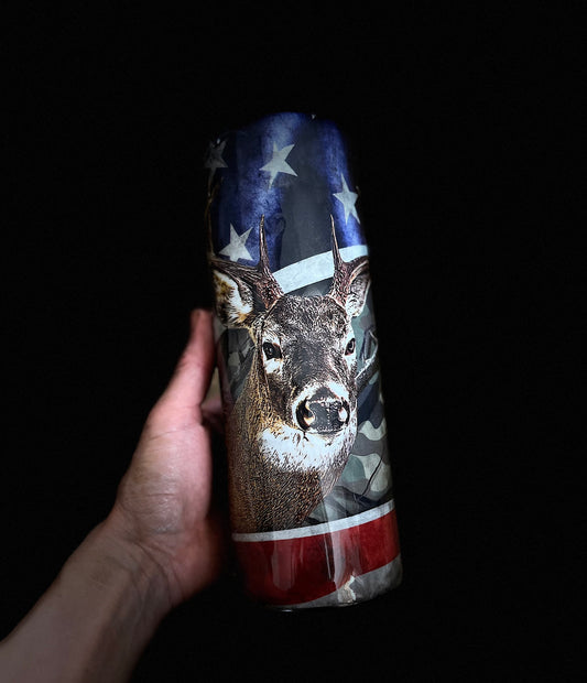Deer Hunting American Flag Fire Fighter Rescue Militar Police Vintage Police Flag Tumbler We the People Skinny Tumbler Gifts for Him Hunter