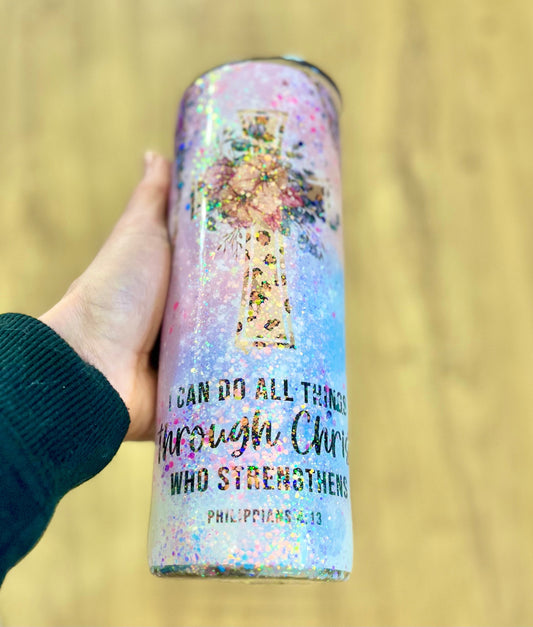 I can do all things through Christ who strengthens me Philippians 4:13 tumbler faith tumbler cross tumbler glitter cross tumbler scripture