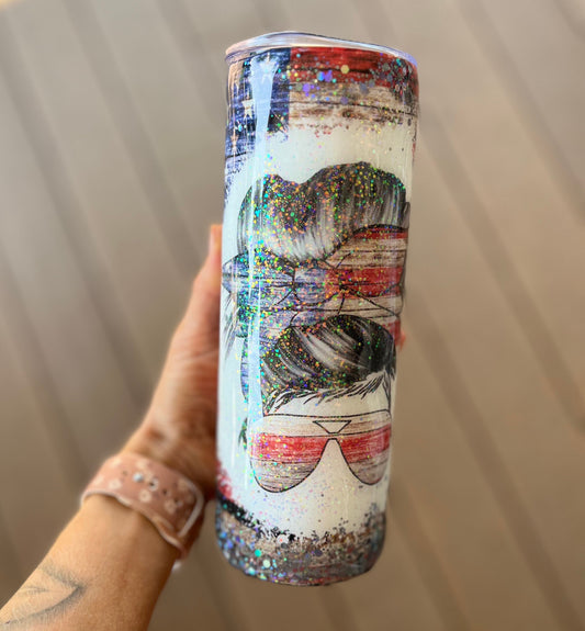 Glitter American Flag Messy Bun America Vintage Flag Glitter Tumbler Messy Bun Girl Mama Mom Glitter Mom Tumbler USA Tumbler American Girl