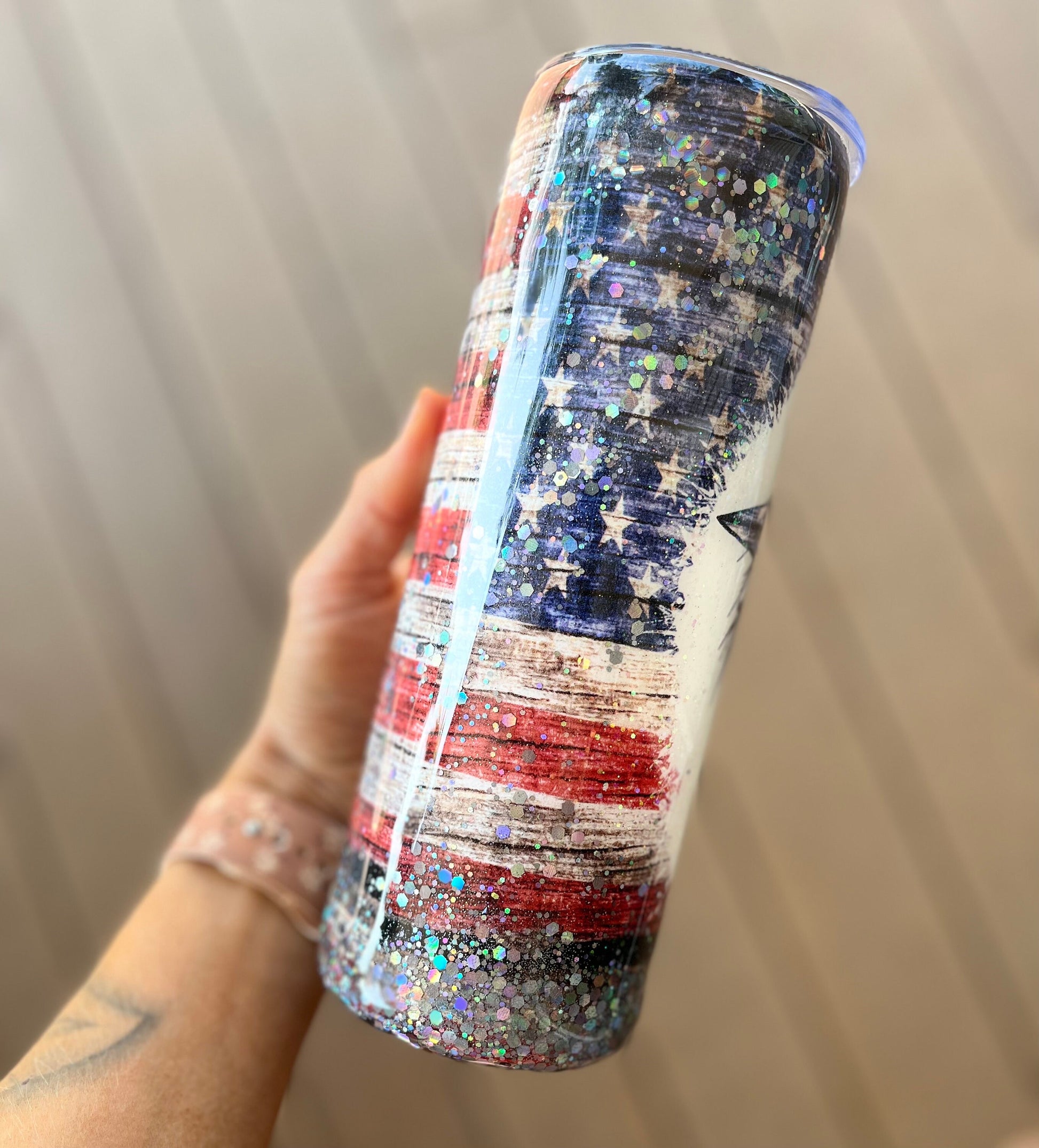 Glitter American Flag Messy Bun America Vintage Flag Glitter Tumbler Messy Bun Girl Mama Mom Glitter Mom Tumbler USA Tumbler American Girl