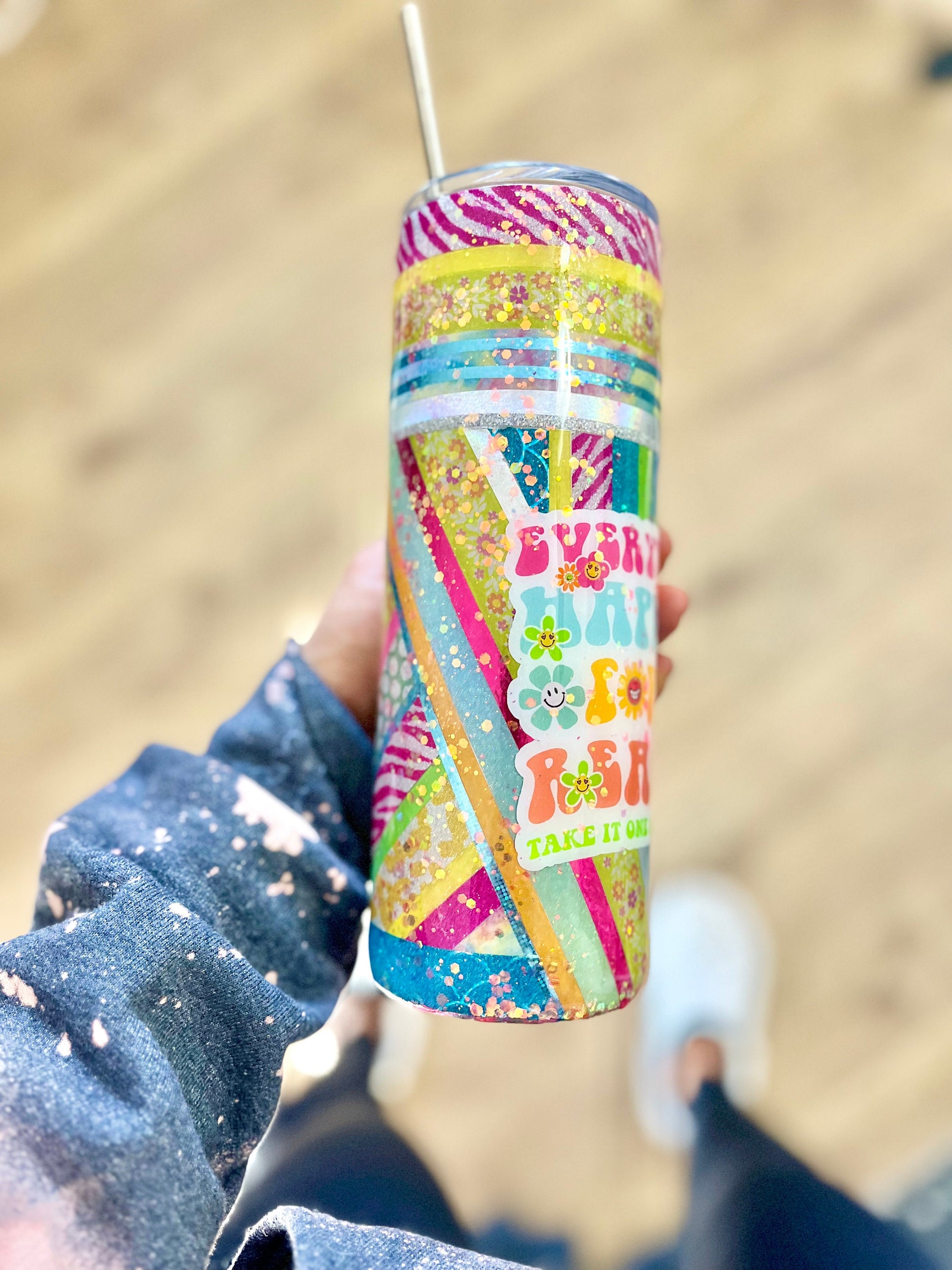 Everything happens for a reason take it one day at a time Tumbler 20 oz. Gift for mom Coffee Mug Floral Tumbler Groovy Tumbler 70s tumbler